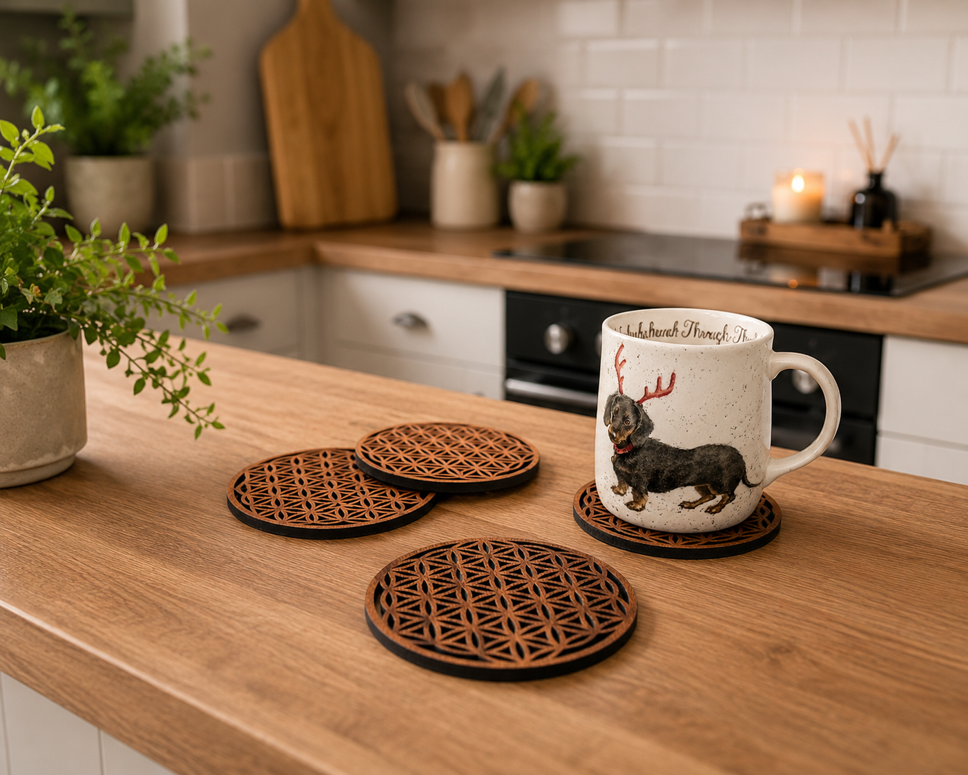 Wooden Flower of Life Coaster Set | Sacred Geometry Wooden Drink Coasters