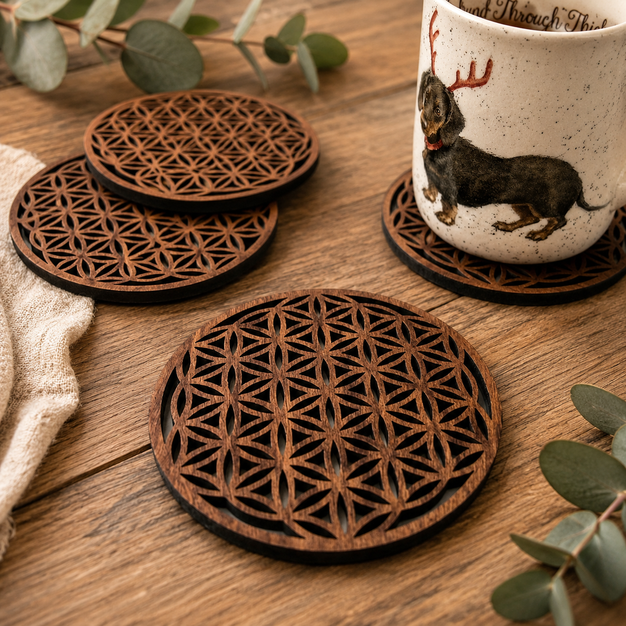 Wooden Flower of Life Coaster Set | Sacred Geometry Wooden Drink Coasters