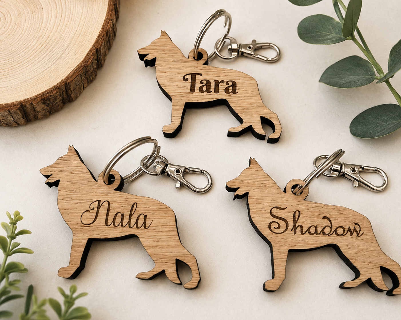 Personalised German Shepherd keyring engraved with name