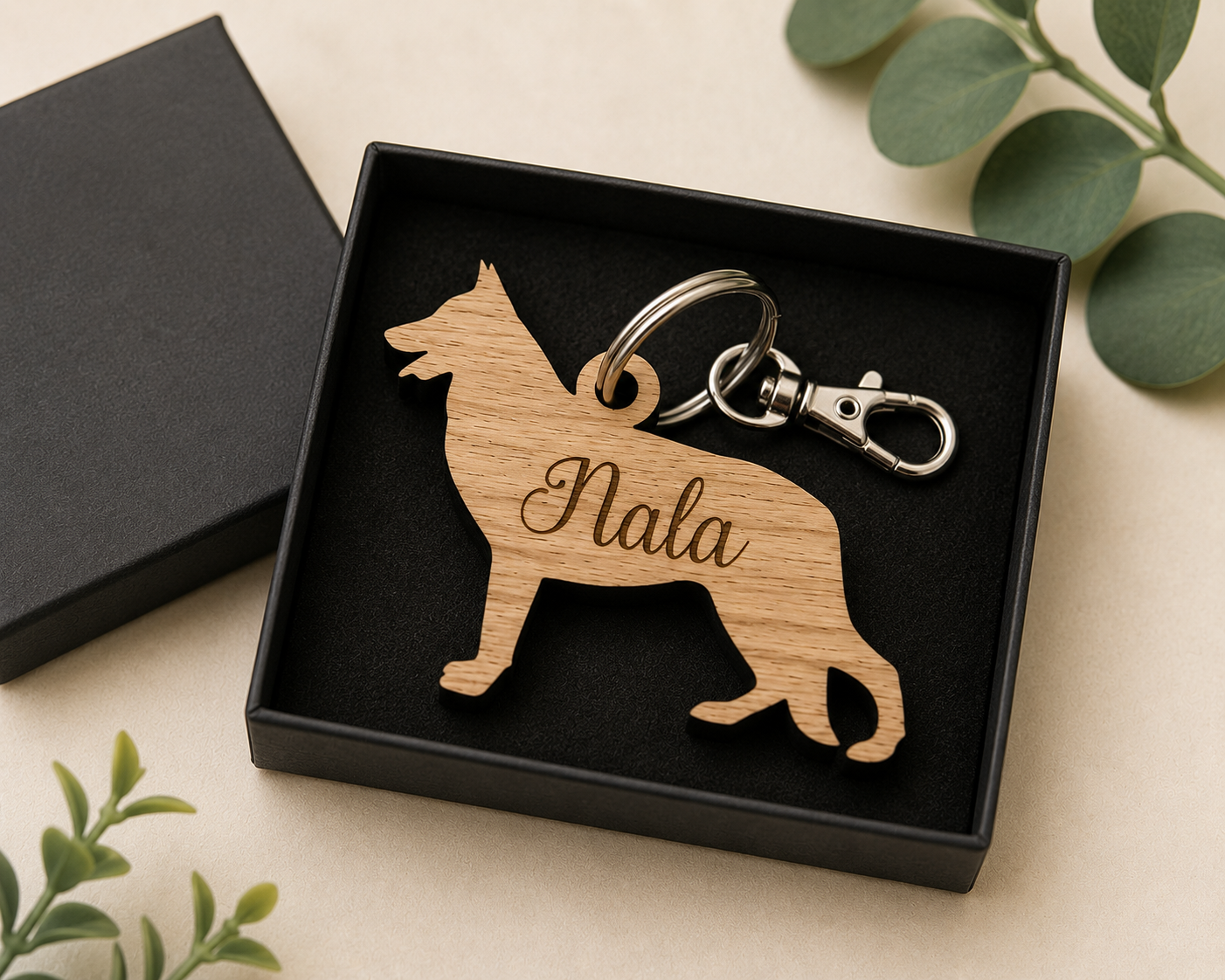 Personalised German Shepherd keyring engraved with name in a gift box