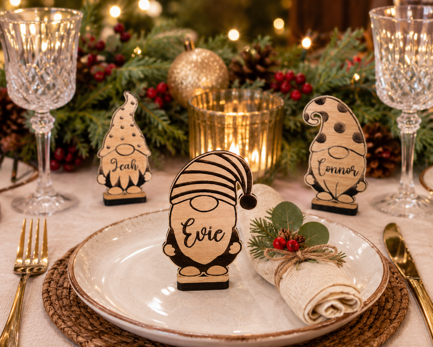 Wooden gonk place name for festive dining table