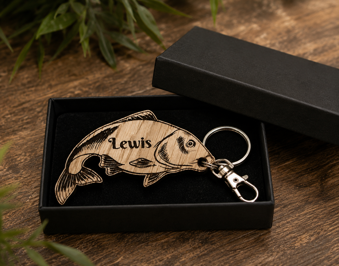 Handmade wooden fish keyring personalised with name