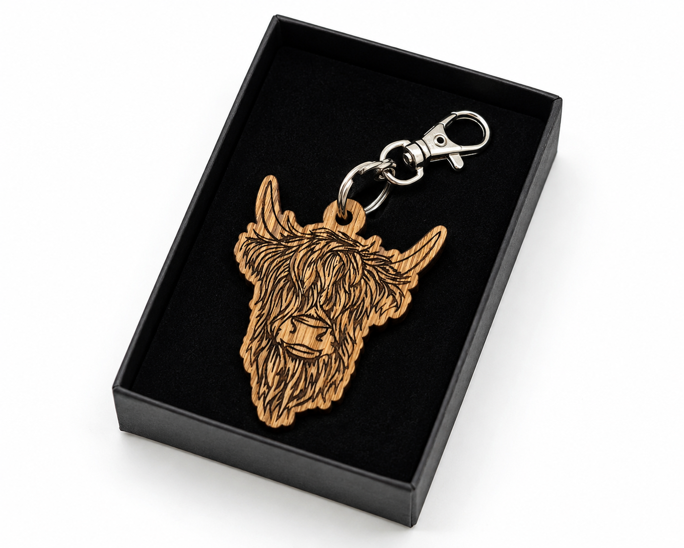 Rustic Highland Cow keyring with gift box