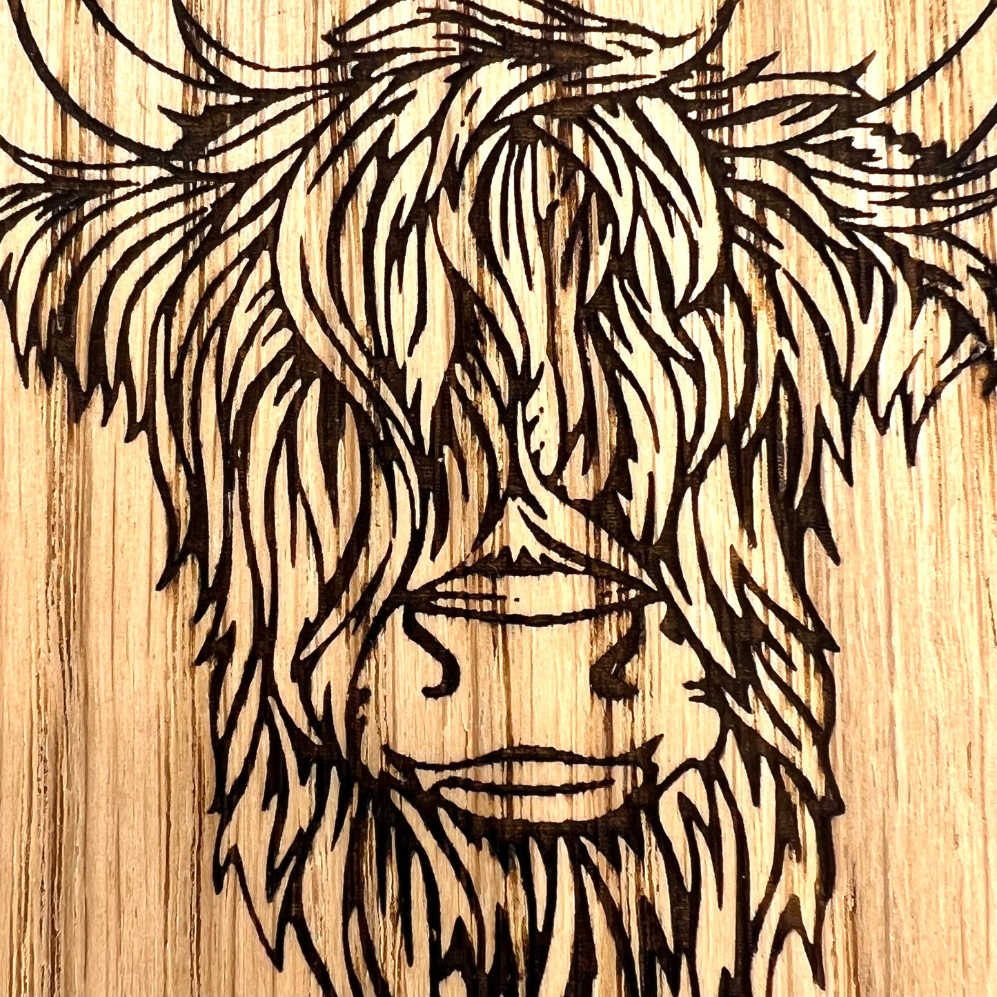 Close up of laser engraved Highland Cow coaster design