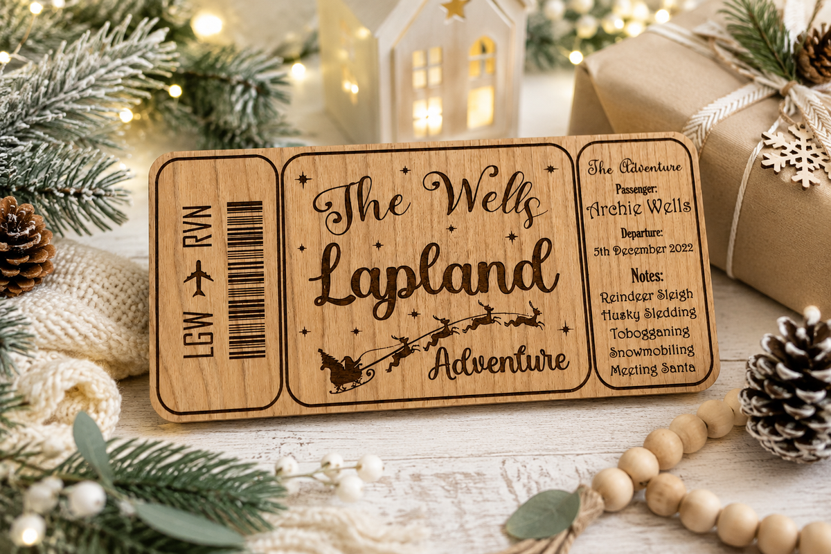 Personalised wooden Lapland boarding pass