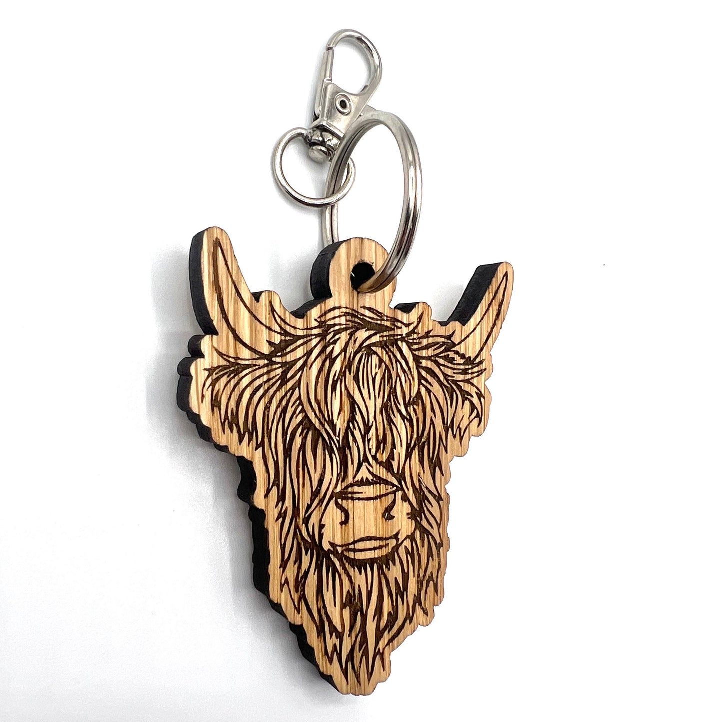 Laser engraved Highland Cow wooden keyring