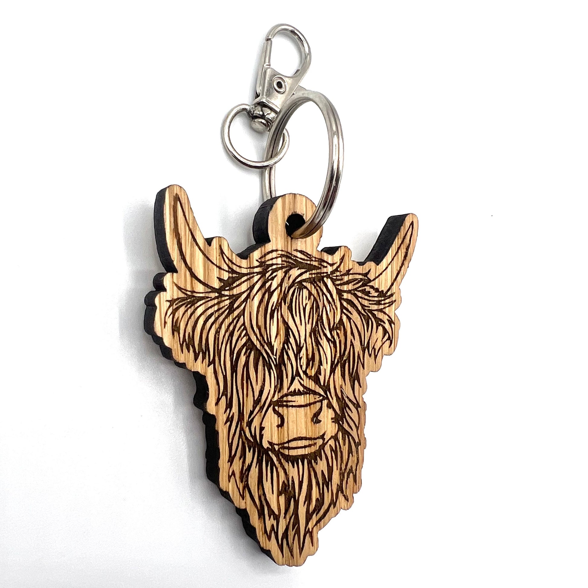 Laser engraved Highland Cow wooden keyring