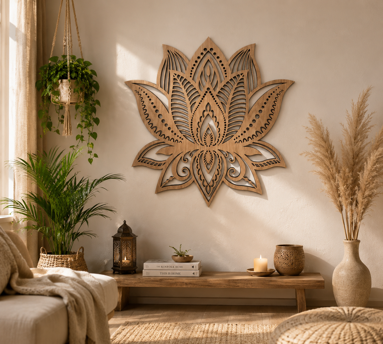 Decorative mandala lotus flower wall art in a living room with plants and a candle.