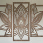 3 panels of wooden wall art cut in walcut veneer wood hanging on a cream wall