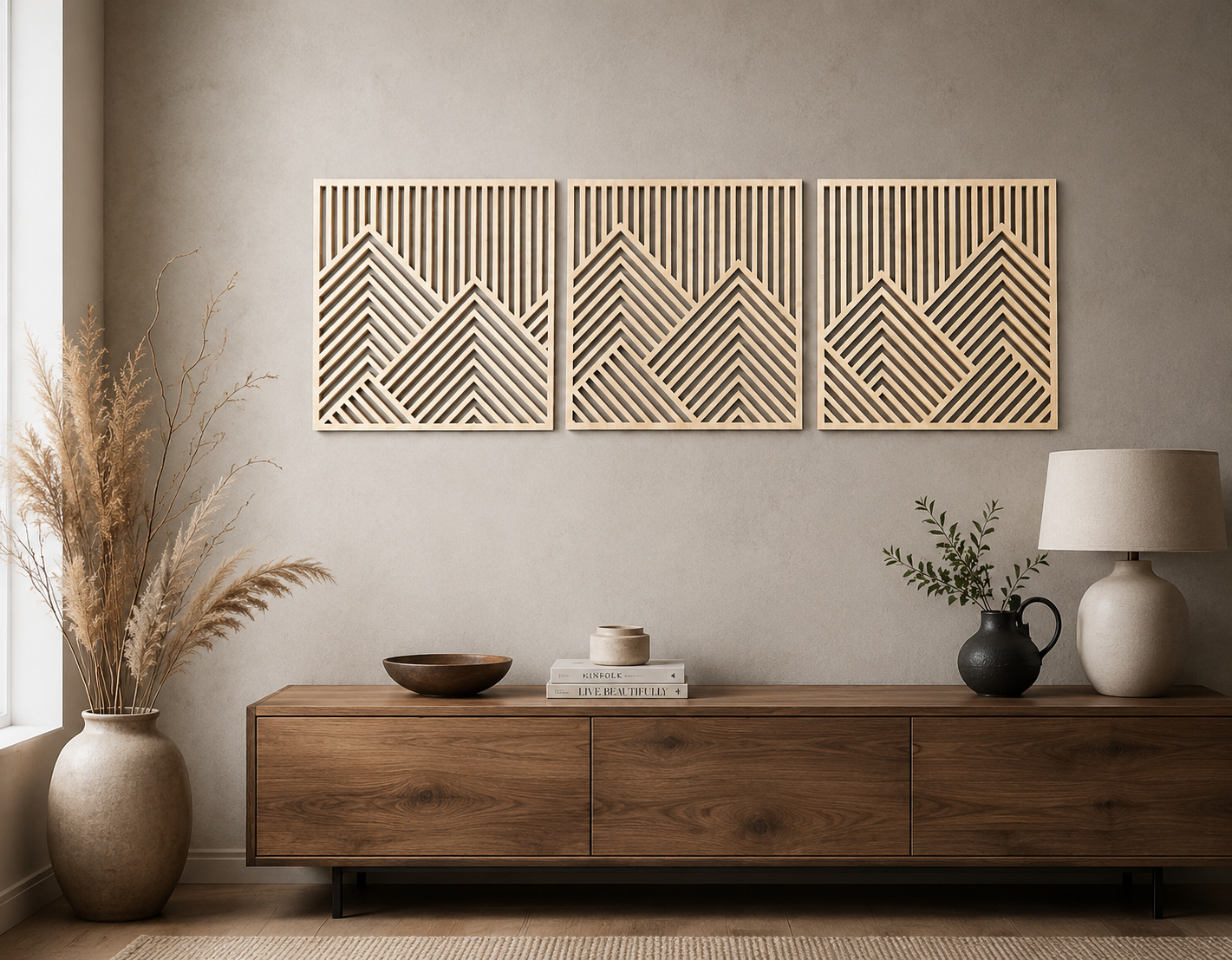 Geometric mountain range wall art laser cut out of veneer wood