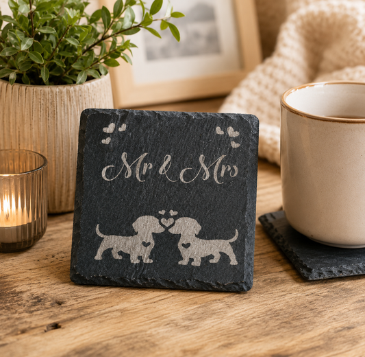 Slate coaster with 'Mr & Mrs' and dog illustrations on a wooden table with a mug and plant.