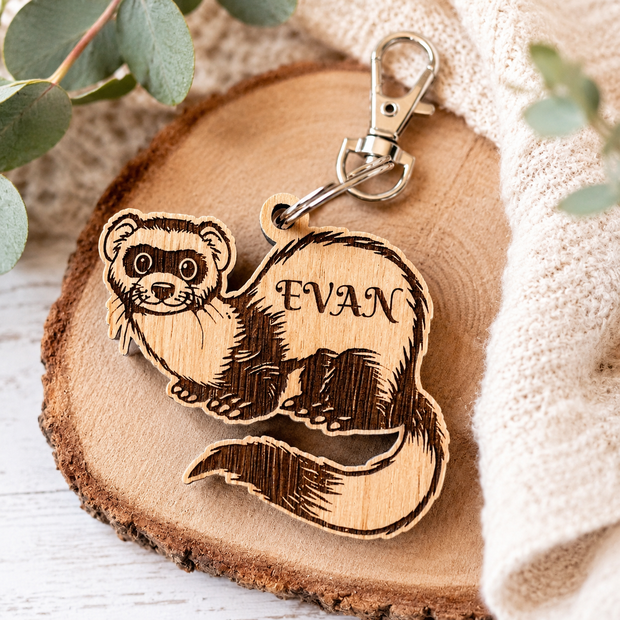 Personalised wooden ferret keyring with engraved name