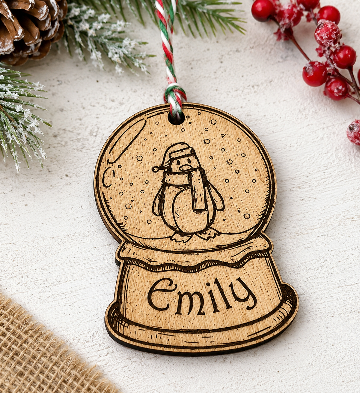 Personalised Penguin Snow Globe Wooden Christmas Gift Tag