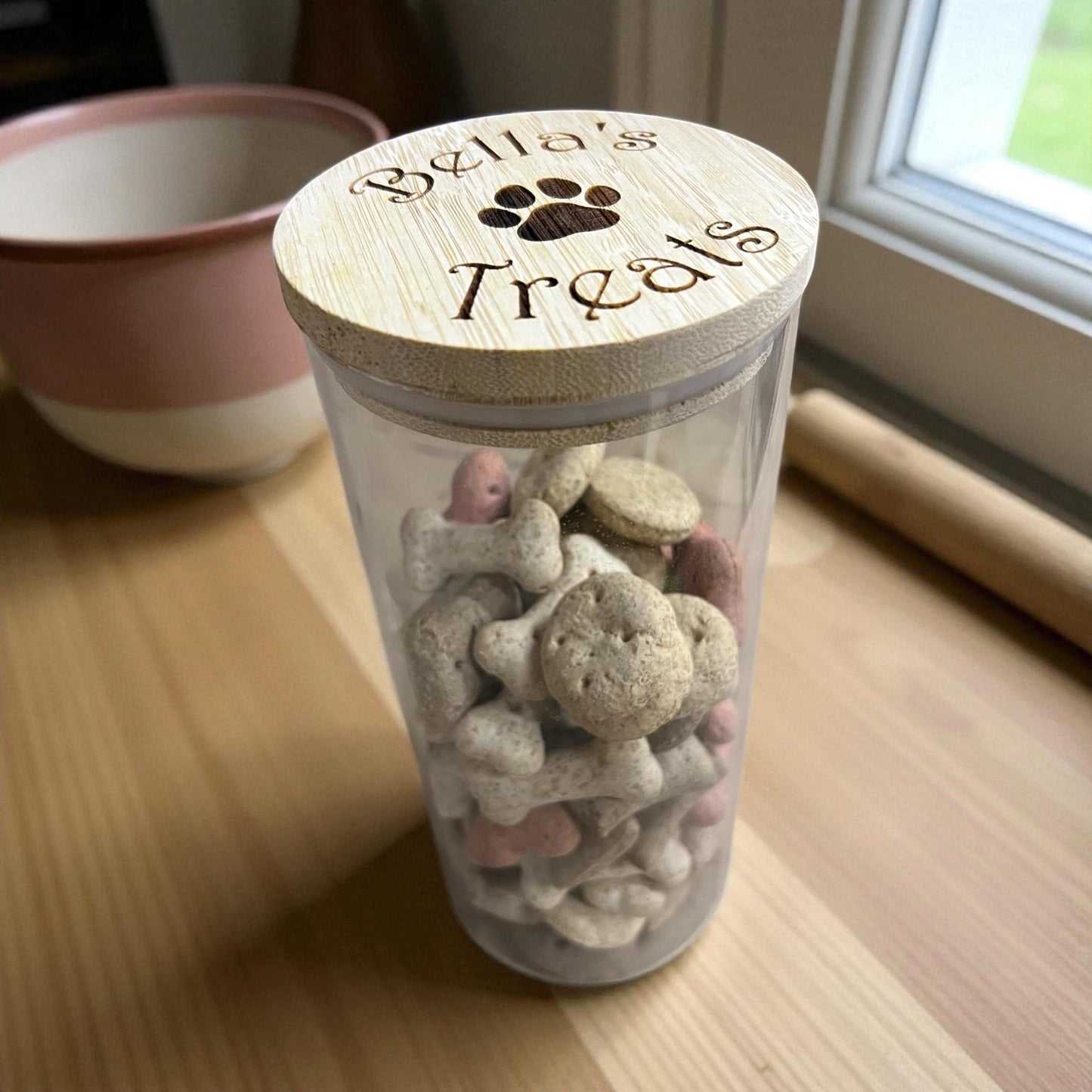 Personalised dog treat jar engraved with dog's name
