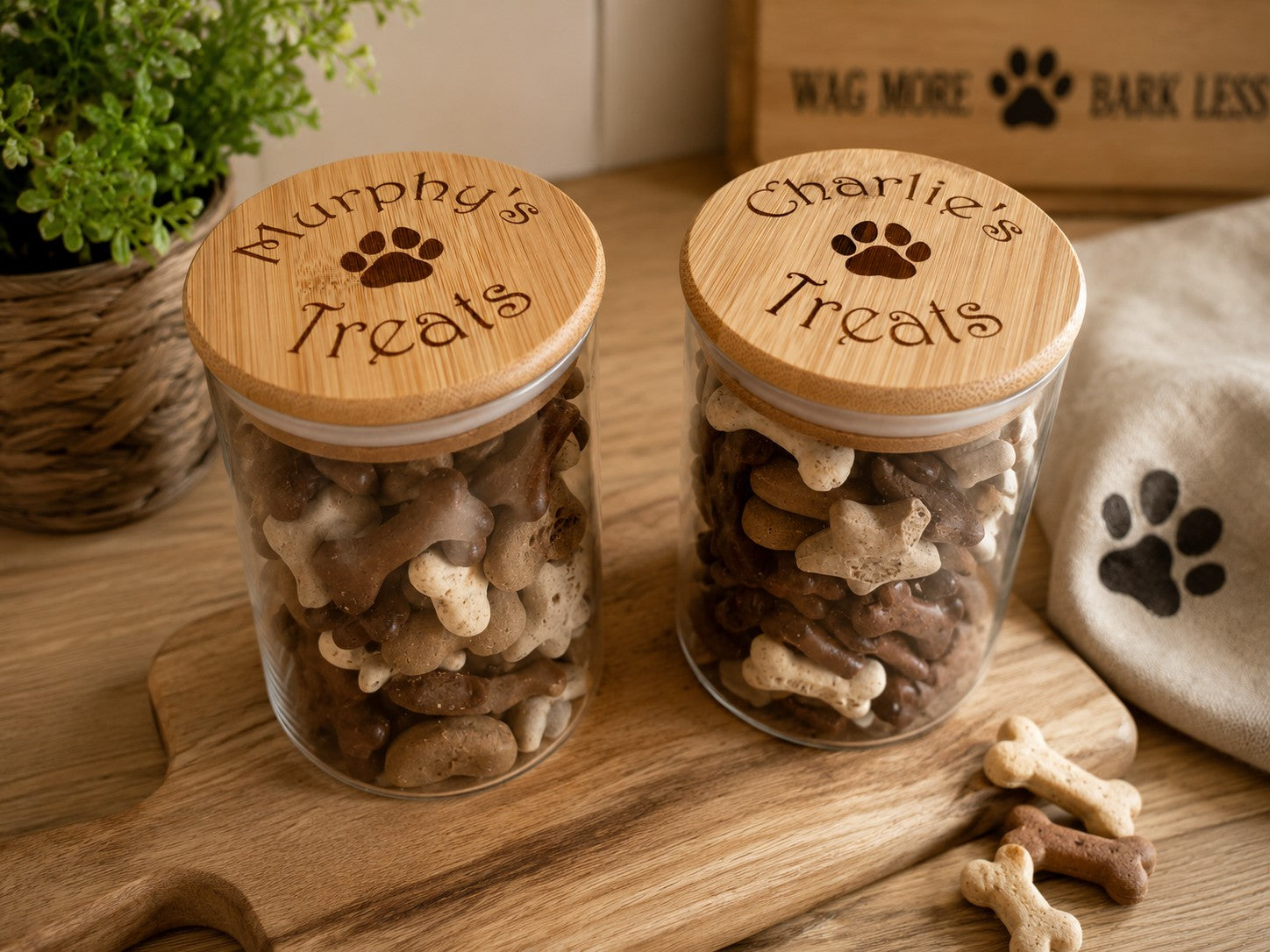 Personalised pet treat storage jar for kitchen countertop