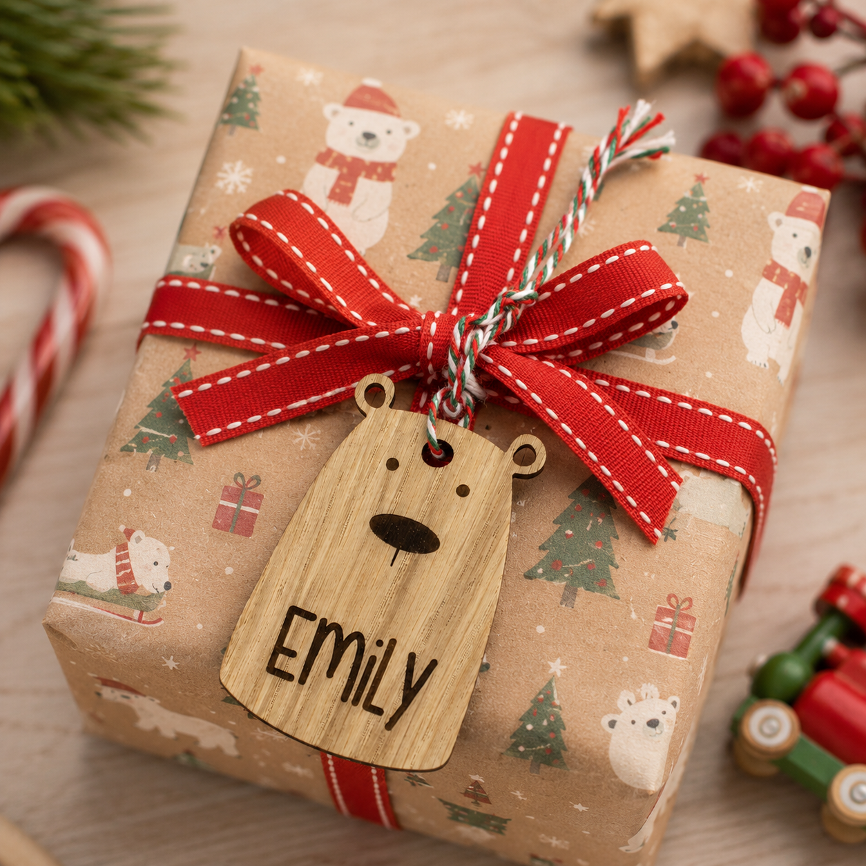 Custom polar bear gift tags attached to wrapped Christmas presents