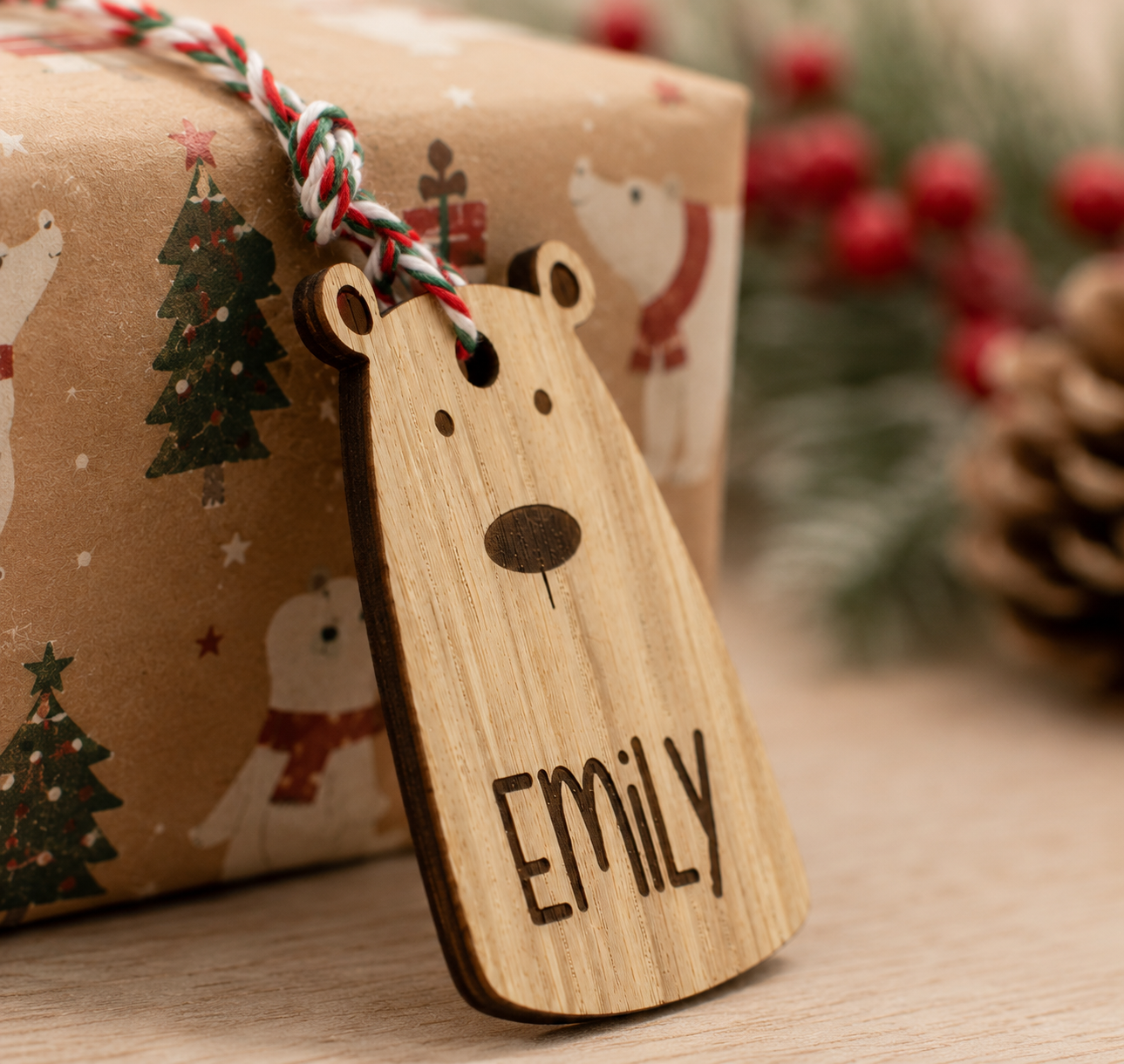 Side view of wooden polar bear gift tag 