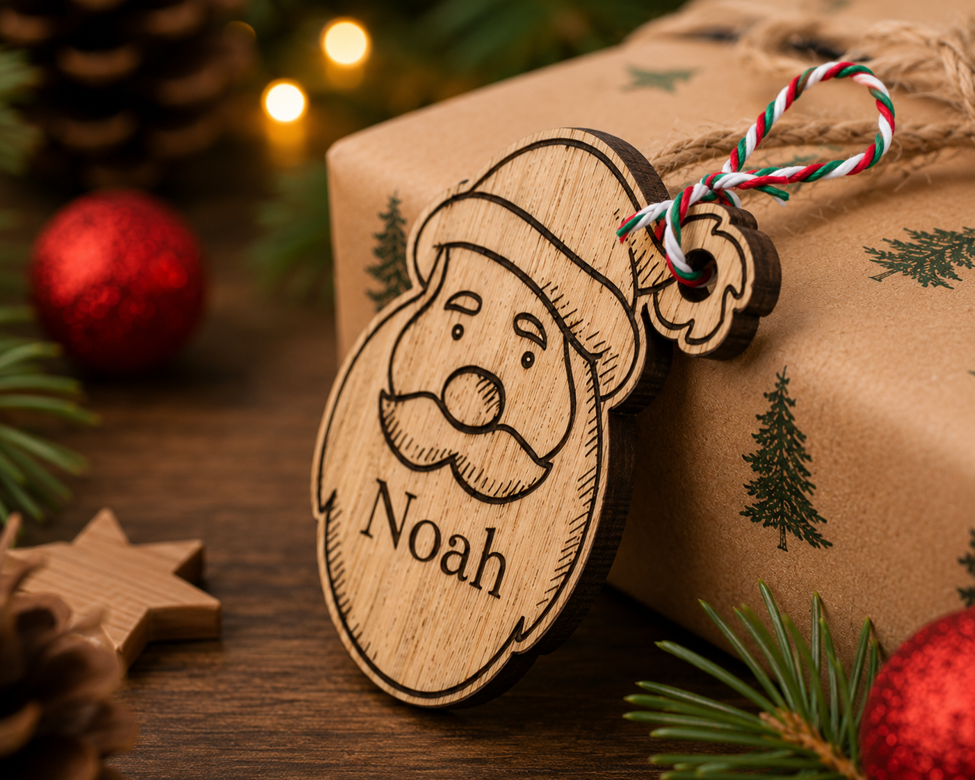 Wooden Santa ornament personalised with name side view
