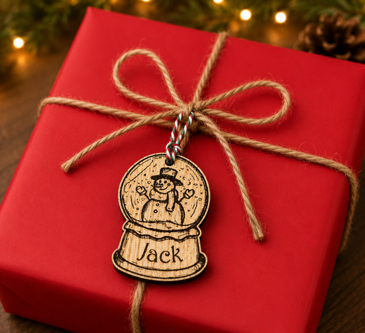 Personalised wooden snowman snow globe Christmas gift tag