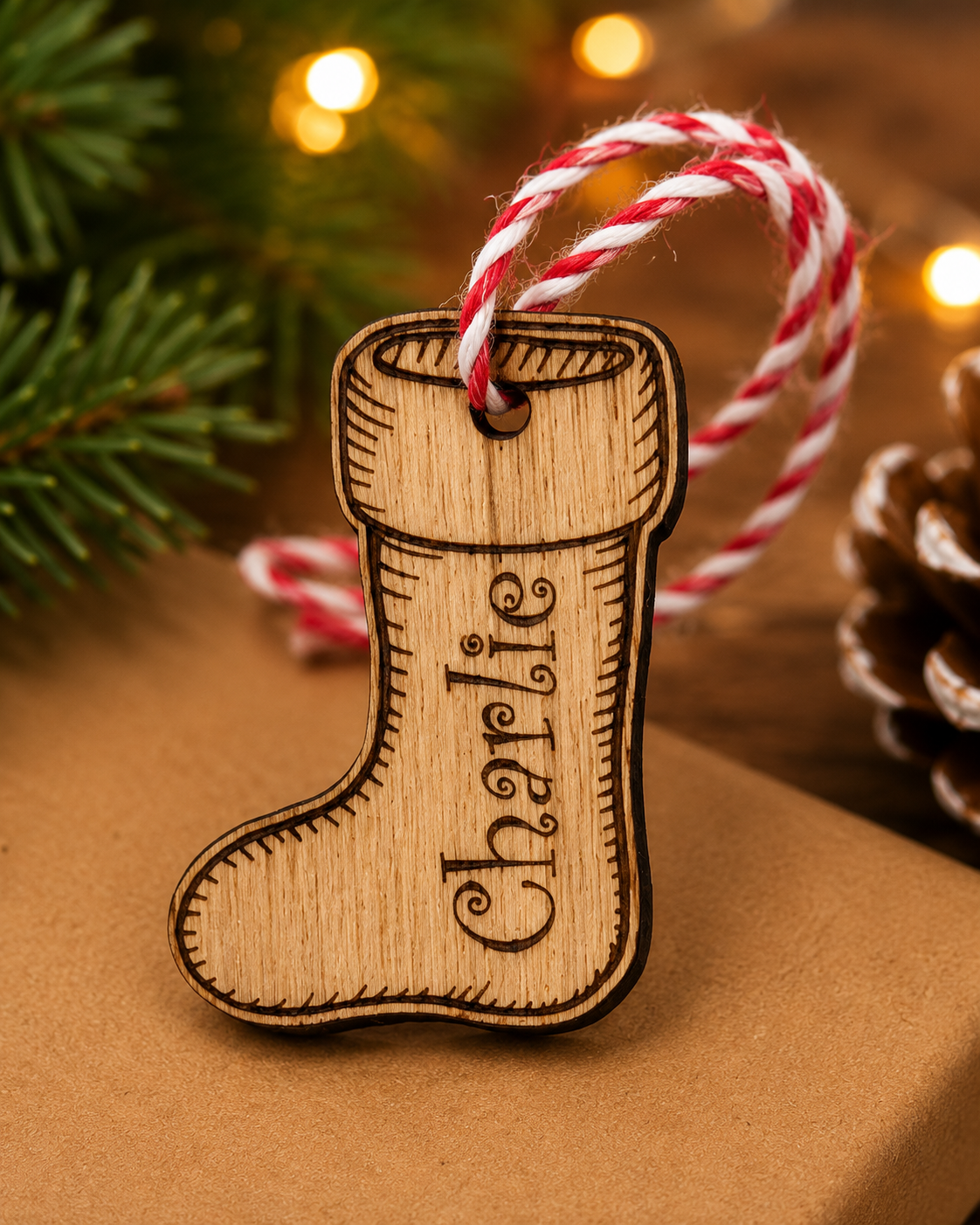 Personalised wooden stocking Christmas gift tag