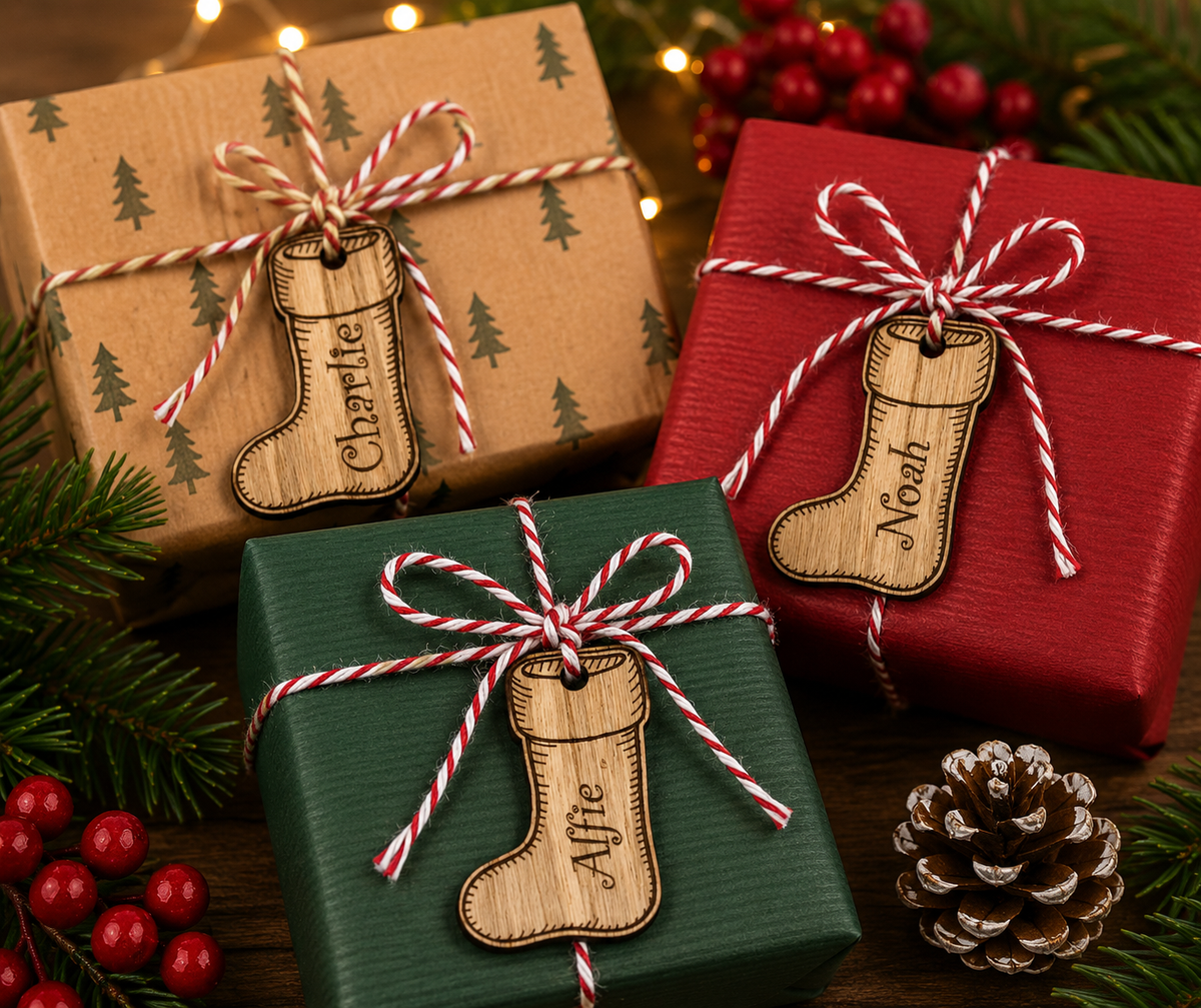 Wooden Christmas stocking tag with personalised name