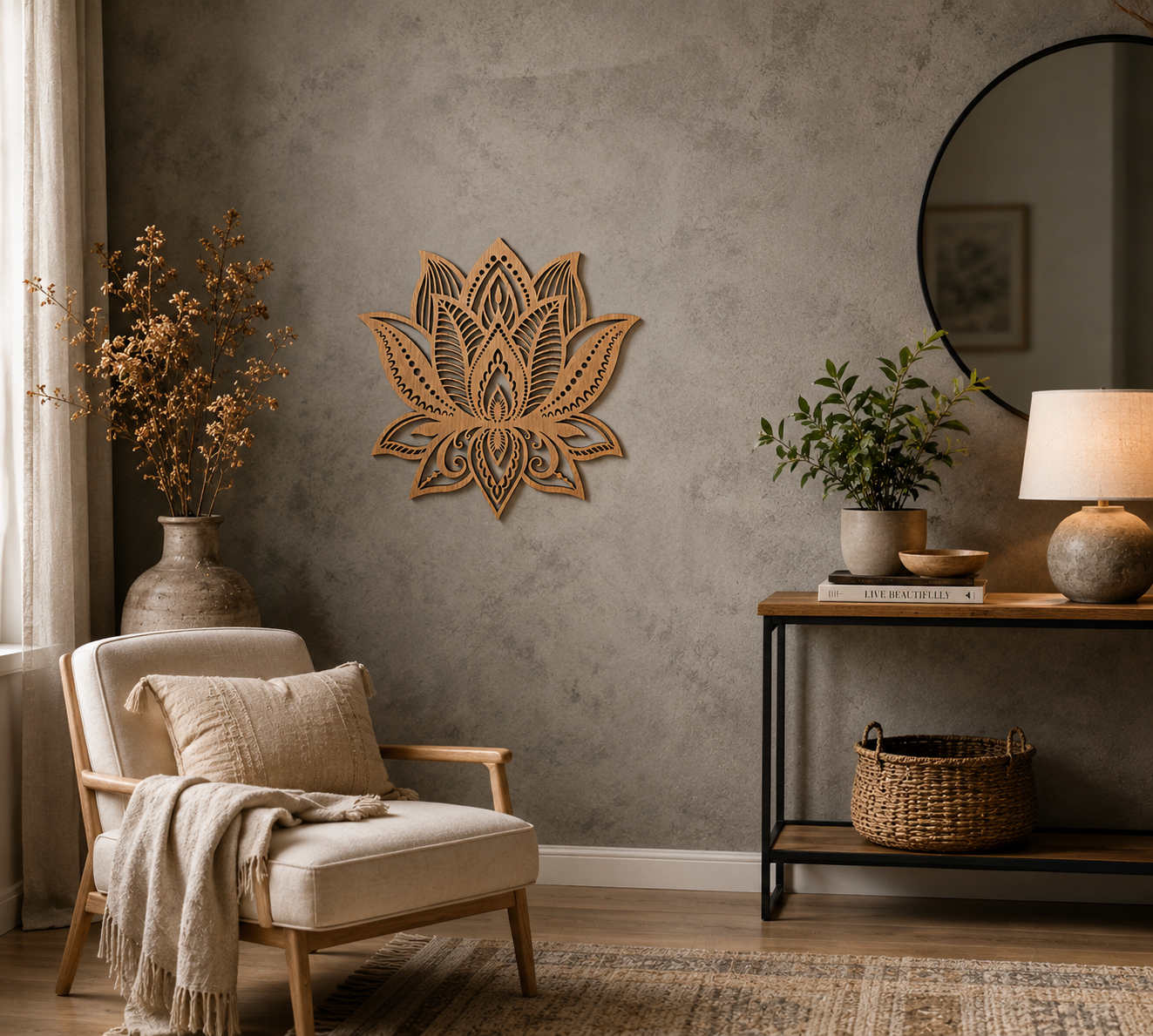 small wooden mandala lotus flower hanging in a living room 
