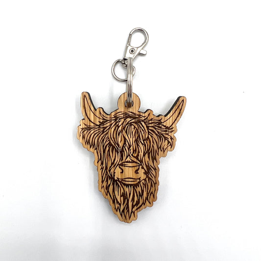 Wooden Highland Cow keyring engraved from oak veneer