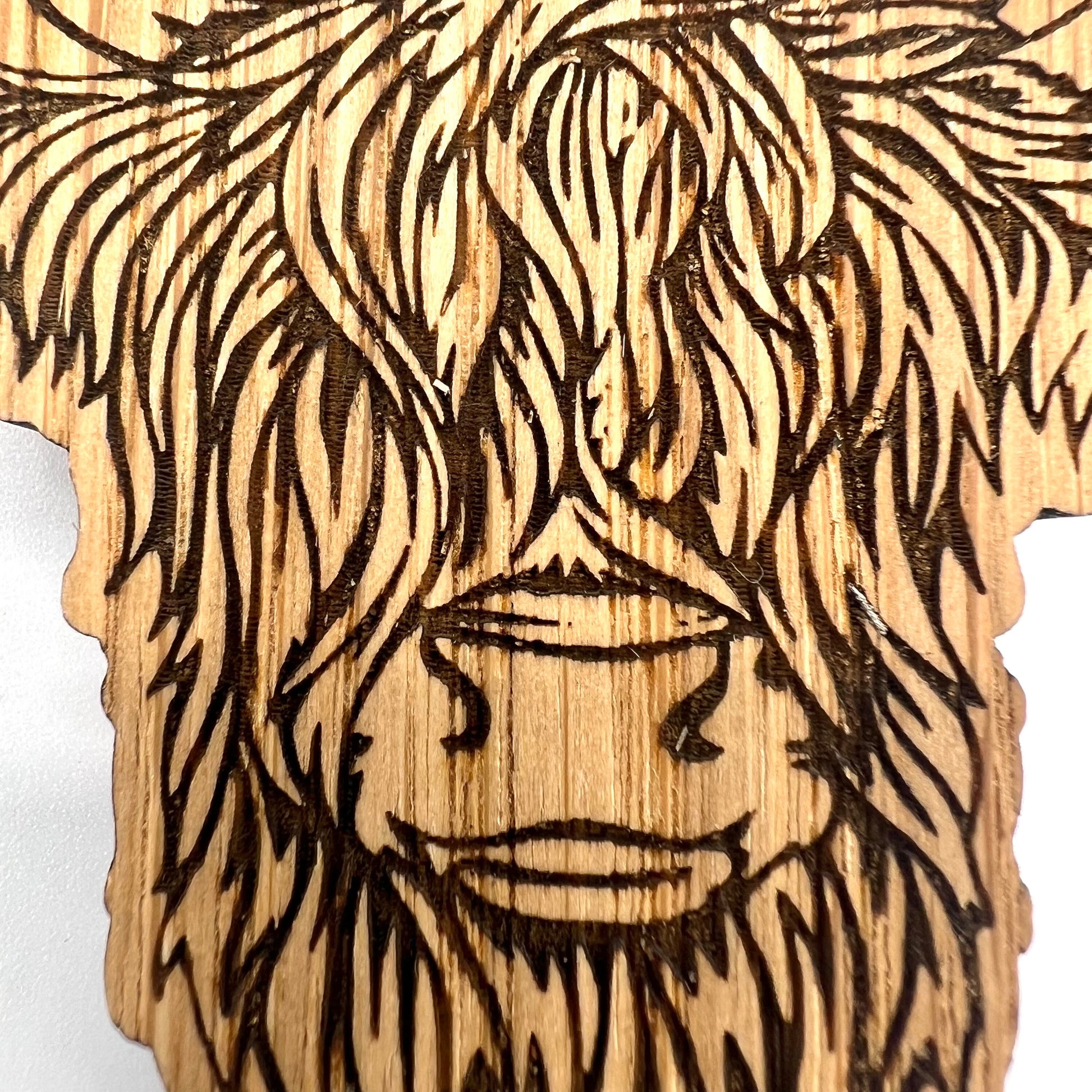 Wooden Highland Cow keyring engraved from oak veneer