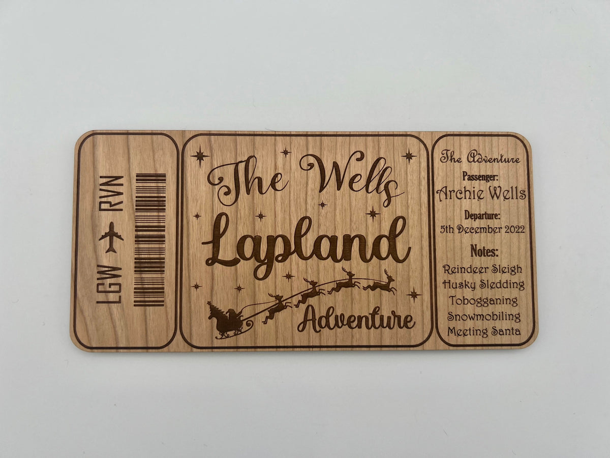 Wooden boarding pass to Lapland keepsake