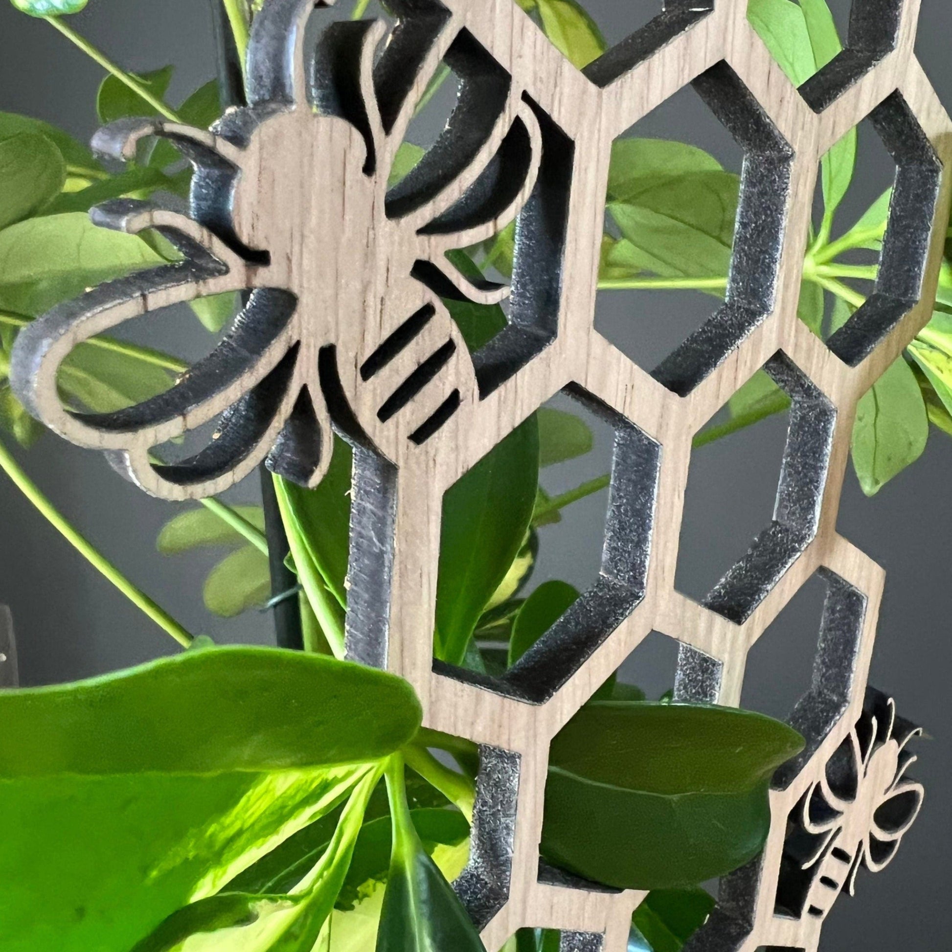 Wooden bumble bee and honeycomb plant trellis in houseplant