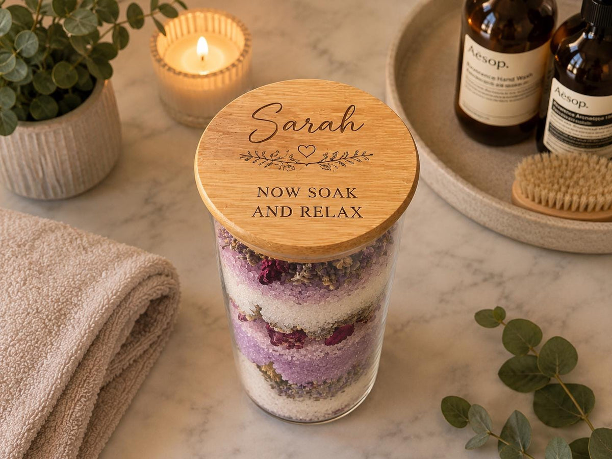 Personalised Bath Salts Jar | Custom Spa Gift for Her | Engraved Relaxation Jar | Self Care Gift | Pamper Gift | Birthday Gift for Her
