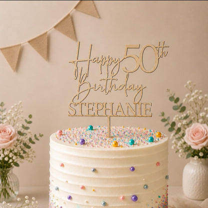 Personalised Happy 50th Birthday Cake Topper | Custom Name Cake Topper | 50th Cake Decoration | Birthday Cake Topper | Wooden MDF Cake Top