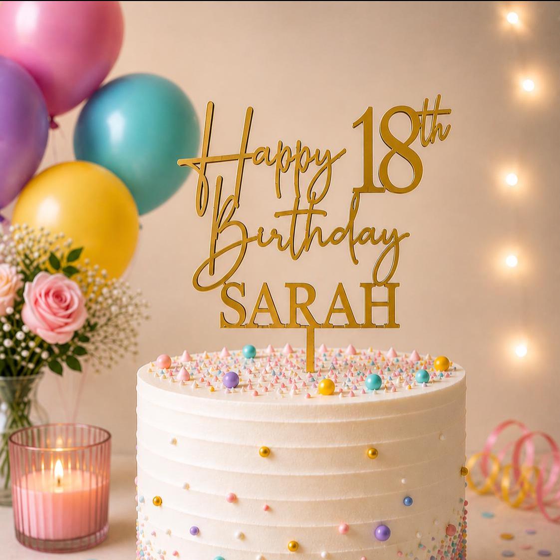 Personalised Happy 18th Birthday Cake Topper | Custom Name Cake Topper | 18th Cake Decoration | Birthday Cake Topper | Wooden MDF Cake Top