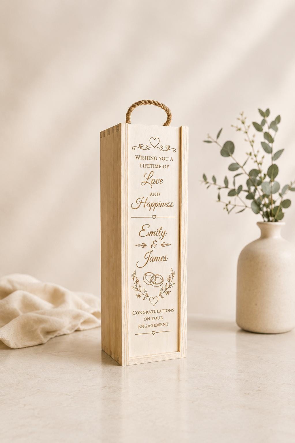 Wooden Wine Gift Box - Engraved Engagement Gift Box - Bottle Gift Box - Engagement Present for Couples - Wine Lovers