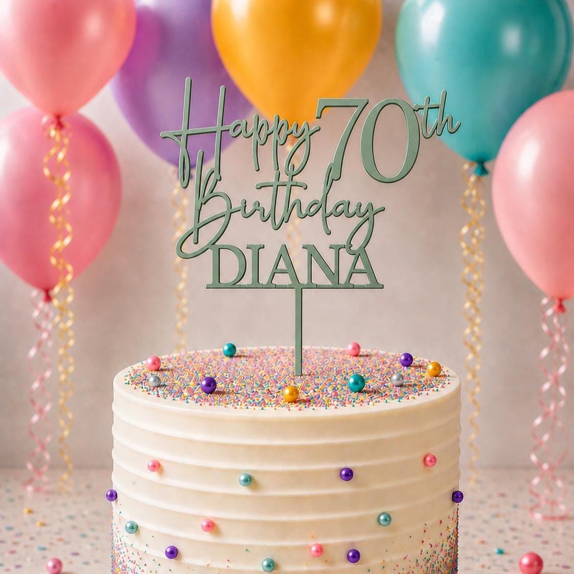 Personalised Happy 70th Birthday Cake Topper | Custom Name Cake Topper | 70th Cake Decoration | Birthday Cake Topper | Wooden MDF Cake Top