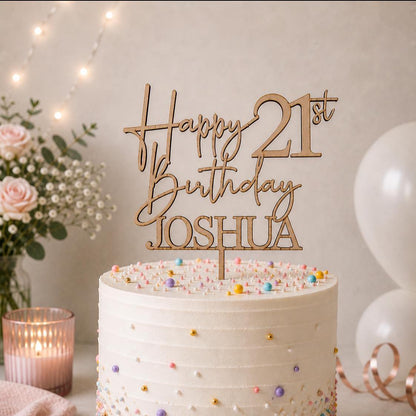 Personalised Happy 21st Birthday Cake Topper | Custom Name Cake Topper | 21st Cake Decoration | Birthday Cake Topper | Wooden MDF Cake Top