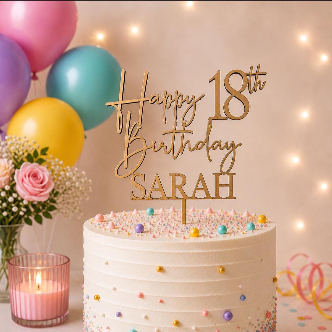 Personalised Happy 18th Birthday Cake Topper | Custom Name Cake Topper | 18th Cake Decoration | Birthday Cake Topper | Wooden MDF Cake Top