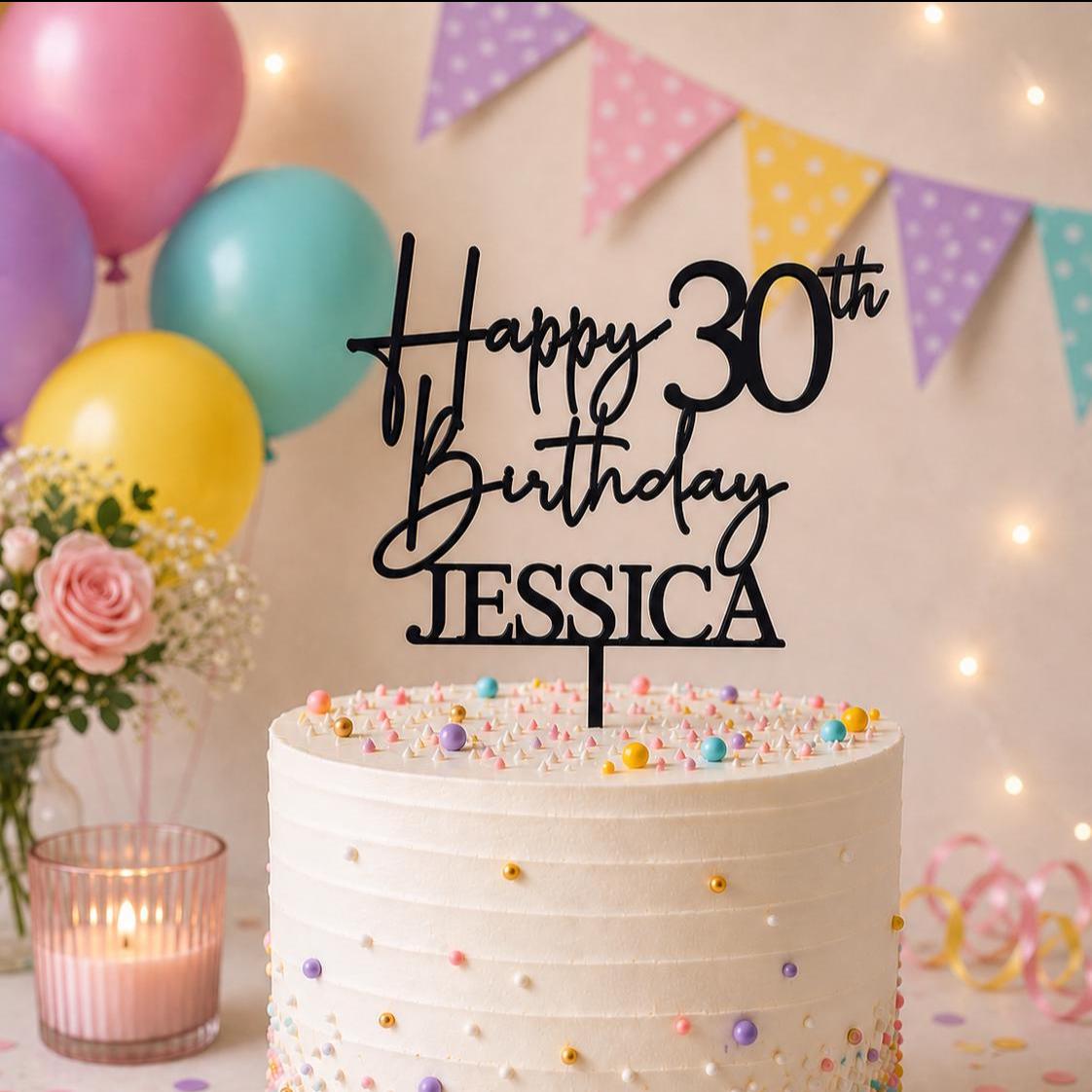 Personalised Happy 30th Birthday Cake Topper | Custom Name Cake Topper | 30th Cake Decoration | Birthday Cake Topper | Wooden MDF Cake Top