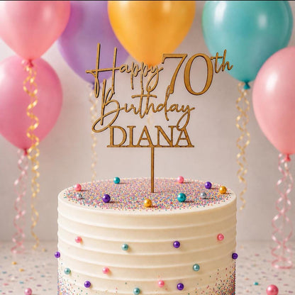 Personalised Happy 70th Birthday Cake Topper | Custom Name Cake Topper | 70th Cake Decoration | Birthday Cake Topper | Wooden MDF Cake Top