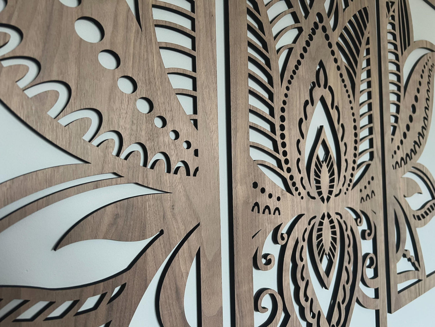 close up of Laser cut lotus flower mandala wooden wall hanging