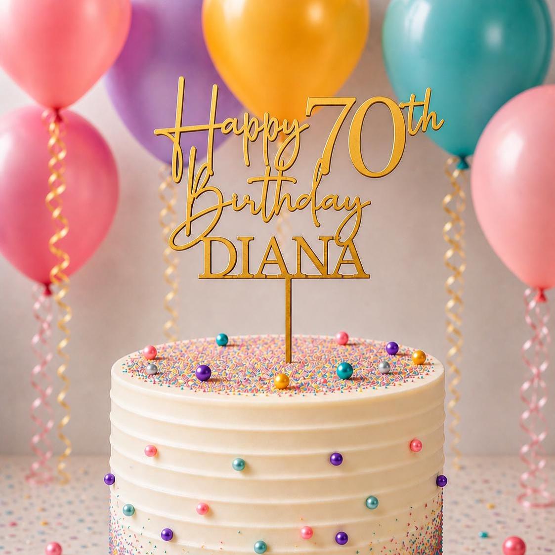 Personalised Happy 70th Birthday Cake Topper | Custom Name Cake Topper | 70th Cake Decoration | Birthday Cake Topper | Wooden MDF Cake Top