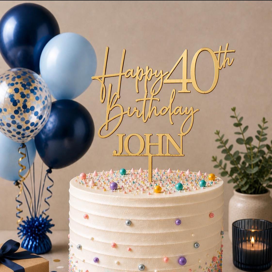 Personalised Happy 40th Birthday Cake Topper | Custom Name Cake Topper | 40th Cake Decoration | Birthday Cake Topper | Wooden MDF Cake Top