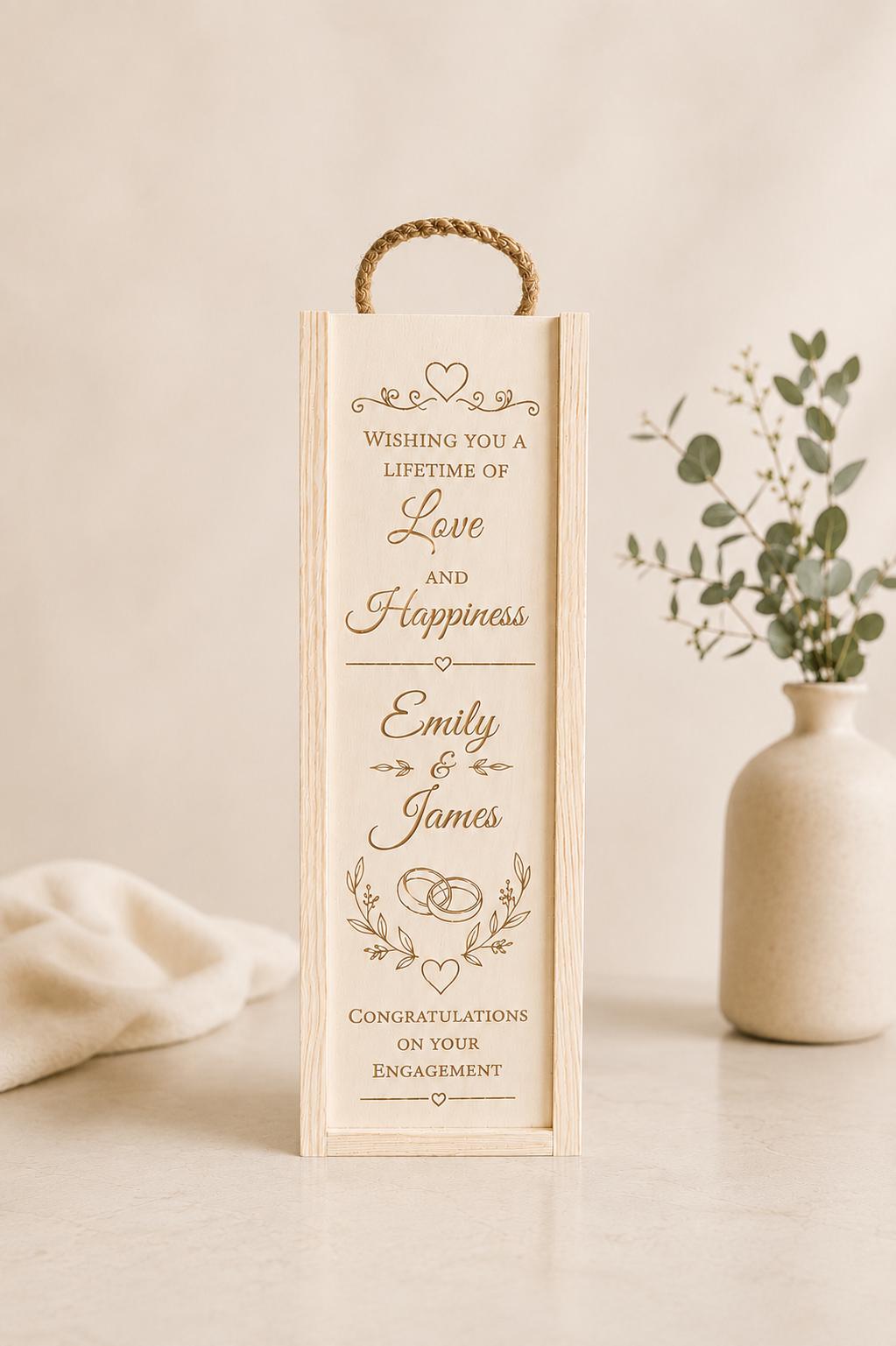 Wooden Wine Gift Box - Engraved Engagement Gift Box - Bottle Gift Box - Engagement Present for Couples - Wine Lovers