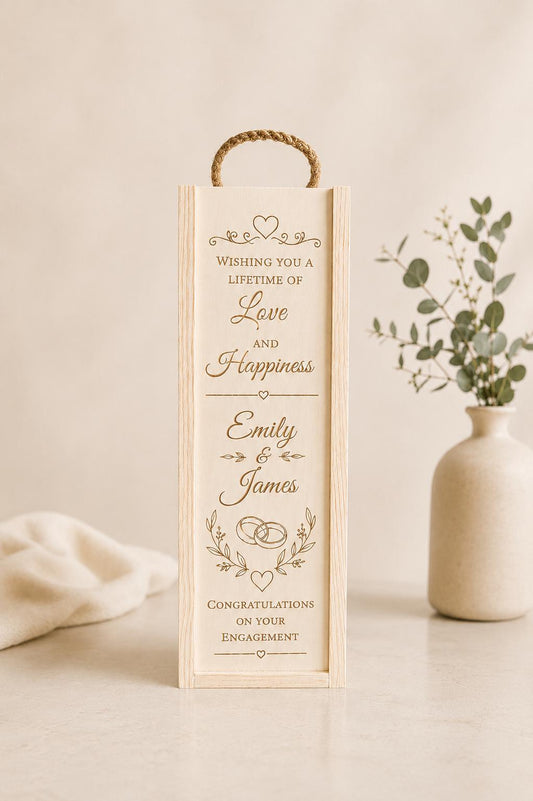 Wooden Wine Gift Box - Engraved Engagement Gift Box - Bottle Gift Box - Engagement Present for Couples - Wine Lovers