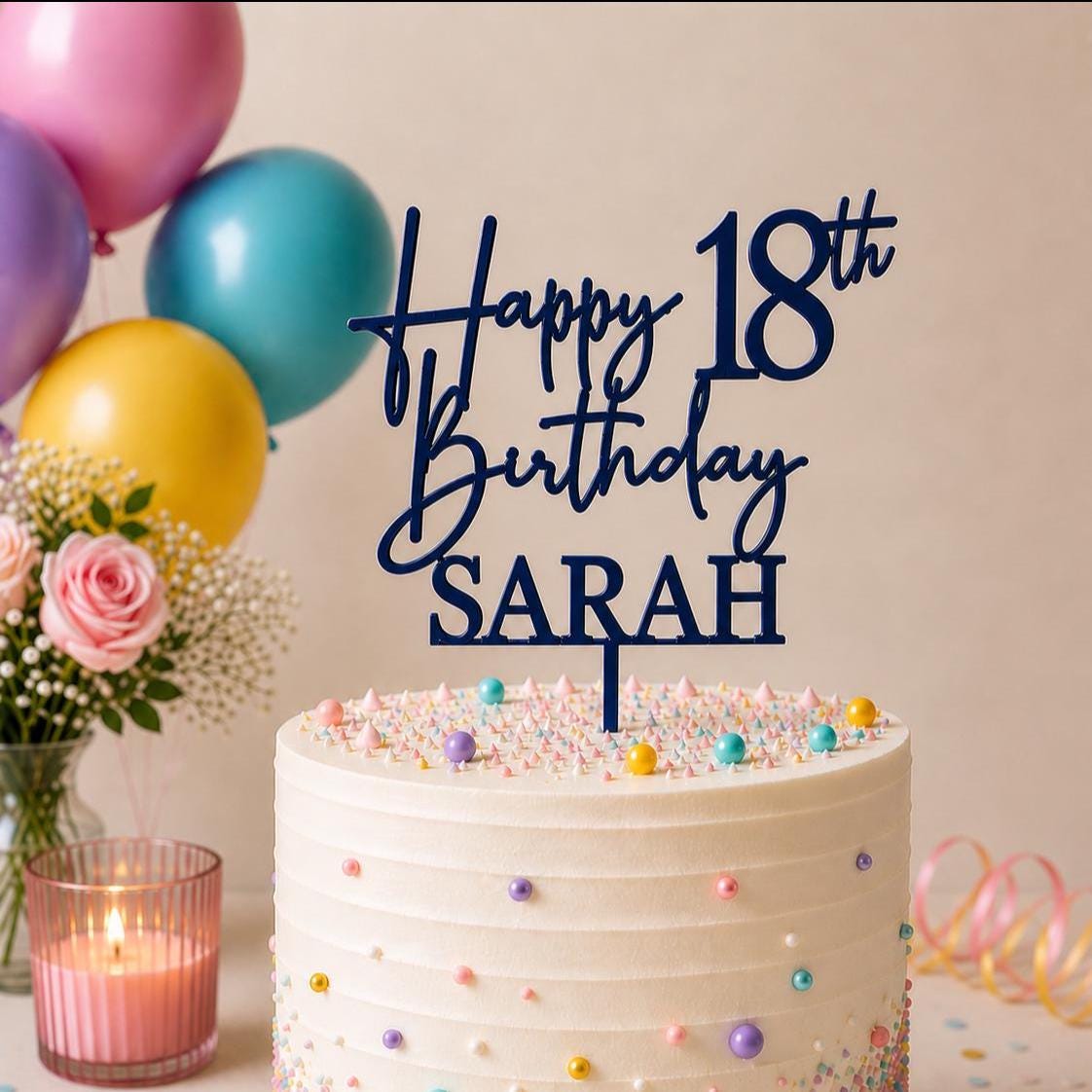 Personalised Happy 18th Birthday Cake Topper | Custom Name Cake Topper | 18th Cake Decoration | Birthday Cake Topper | Wooden MDF Cake Top