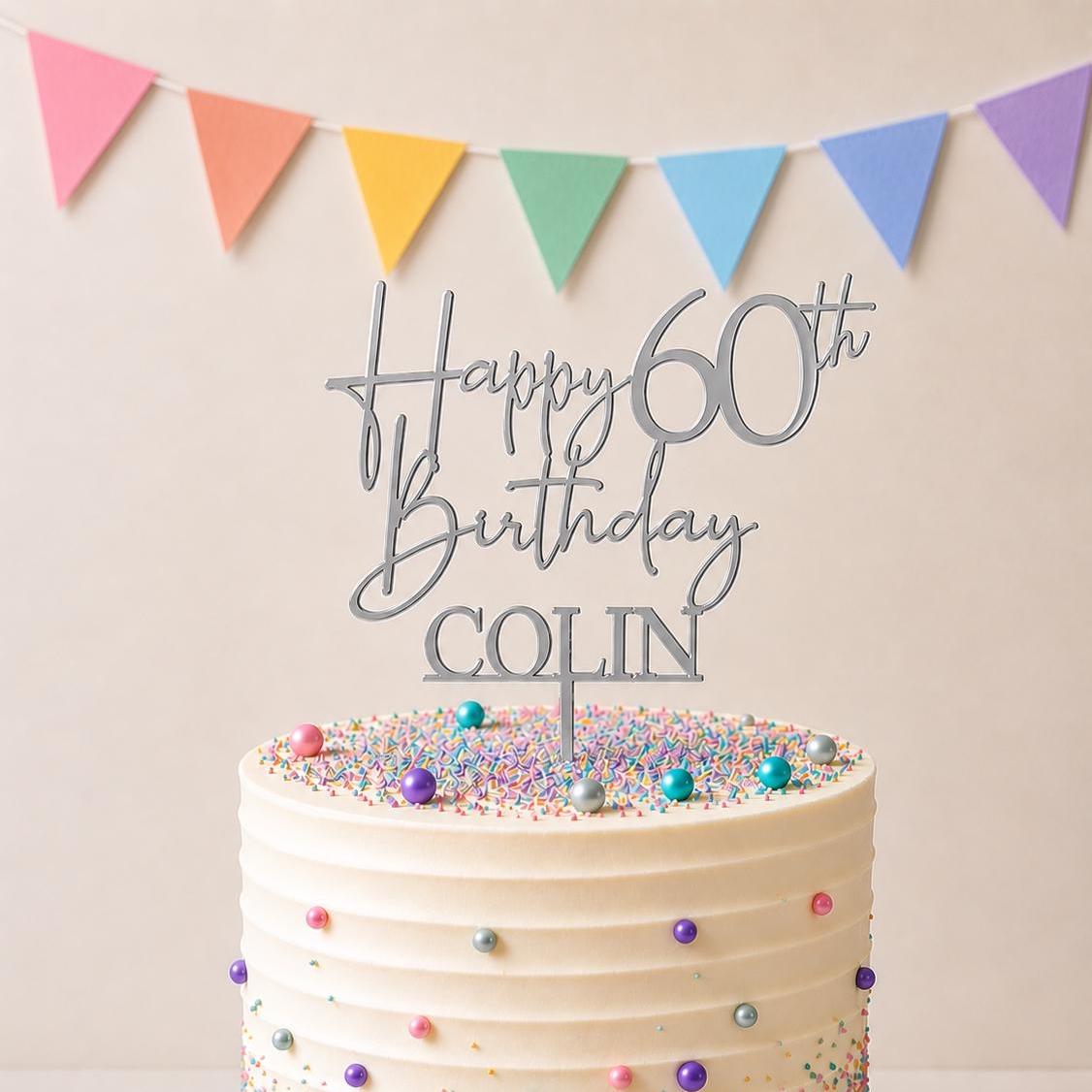 Personalised Happy 60th Birthday Cake Topper | Custom Name Cake Topper | 60th Cake Decoration | Birthday Cake Topper | Wooden MDF Cake Top