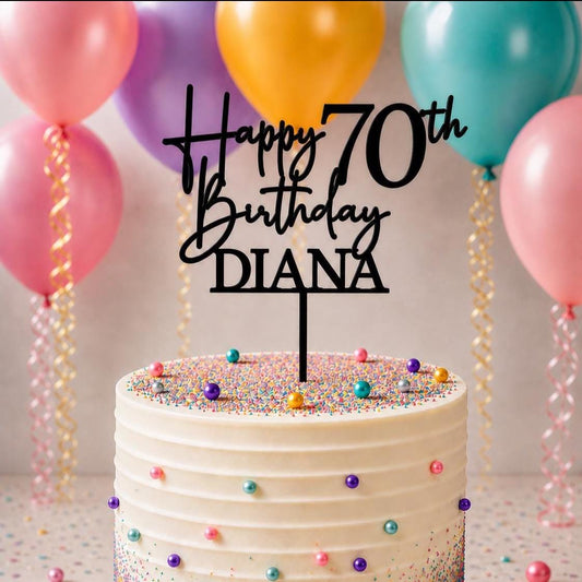 Personalised Happy 70th Birthday Cake Topper | Custom Name Cake Topper | 70th Cake Decoration | Birthday Cake Topper | Wooden MDF Cake Top