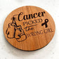 cherry wood coaster with cancer awareness ribbon and boxing gloves engraving Cancer picked the wrong girl