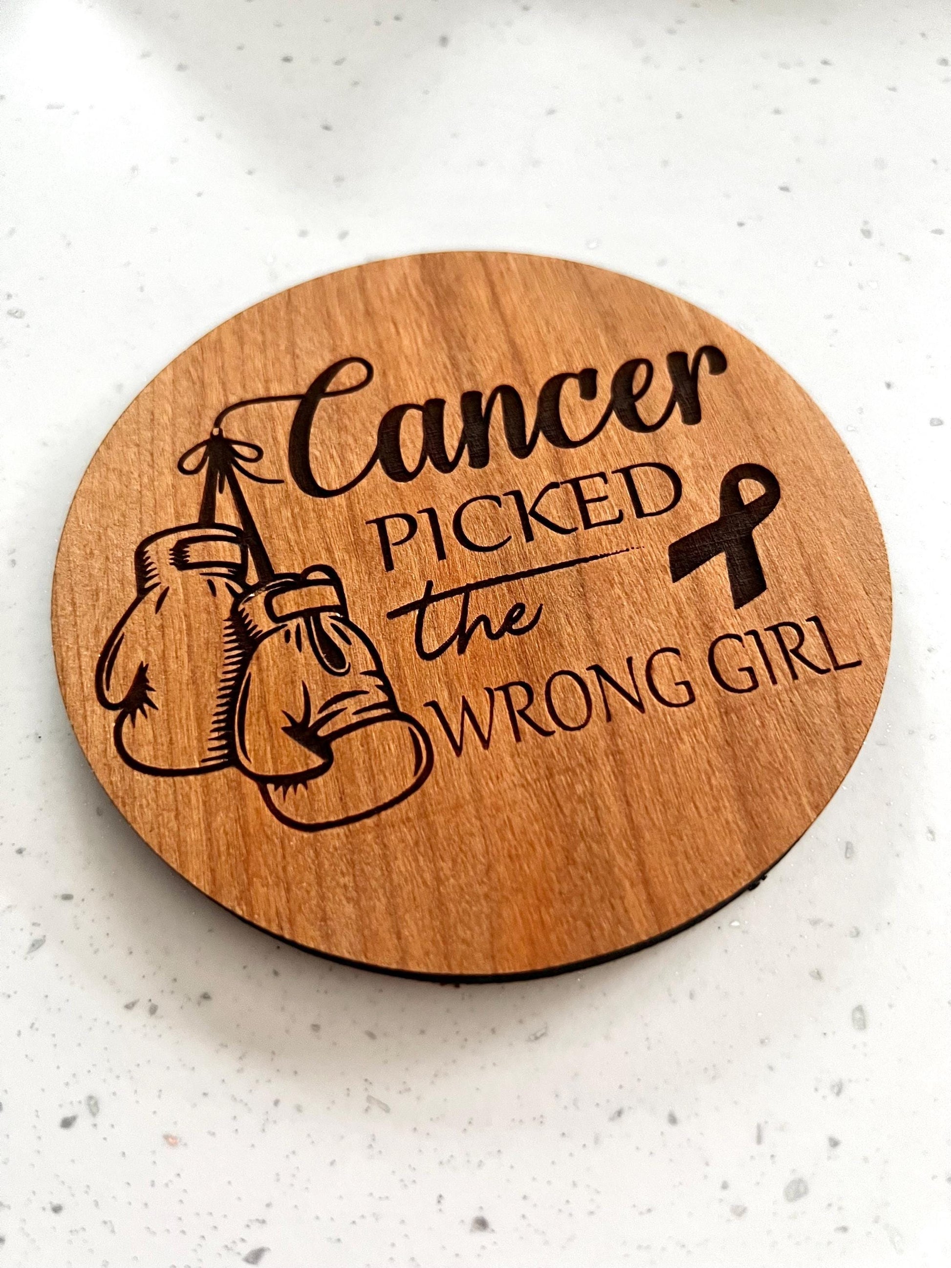 cherry wood coaster with cancer awareness ribbon and boxing gloves engraving Cancer picked the wrong girl