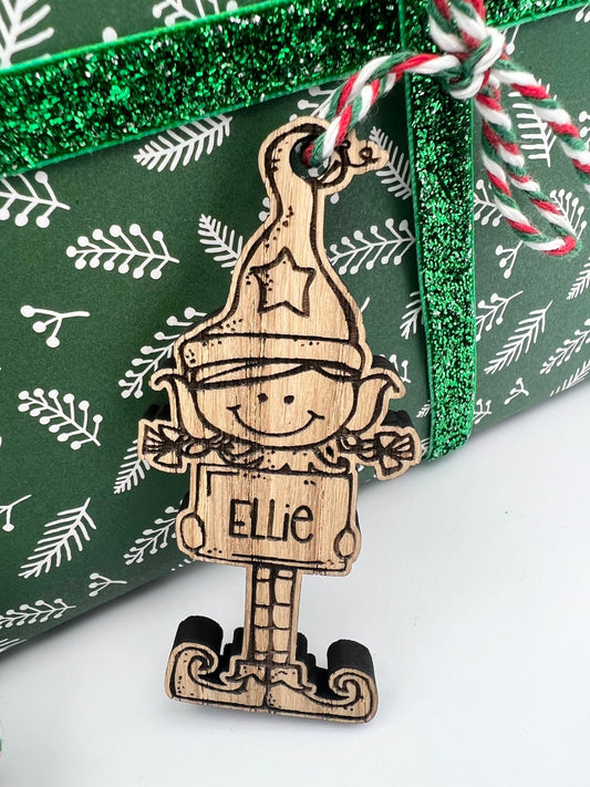 Christmas Personalised Elf Gift Tag Name Tags - Christmas Present Name Tags - Wooden Gift Tag Names - Girl Elf - Boy Elf - Tree Decoration